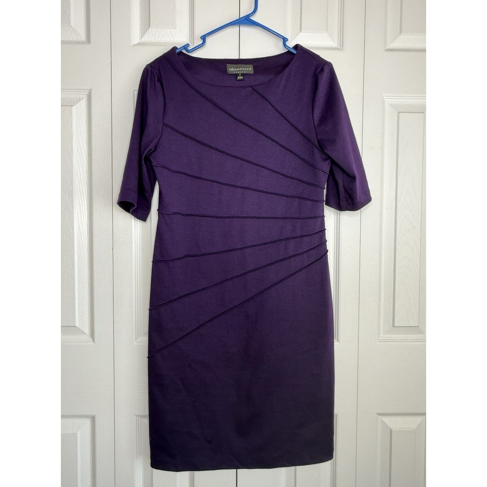 Connected Apparel Dress Stretch Elbow Sleeve Line Detailing Knee Length Purple 8